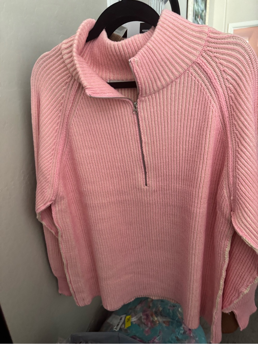 Light Pink Half-Zip Ribbed Sweater Zenana